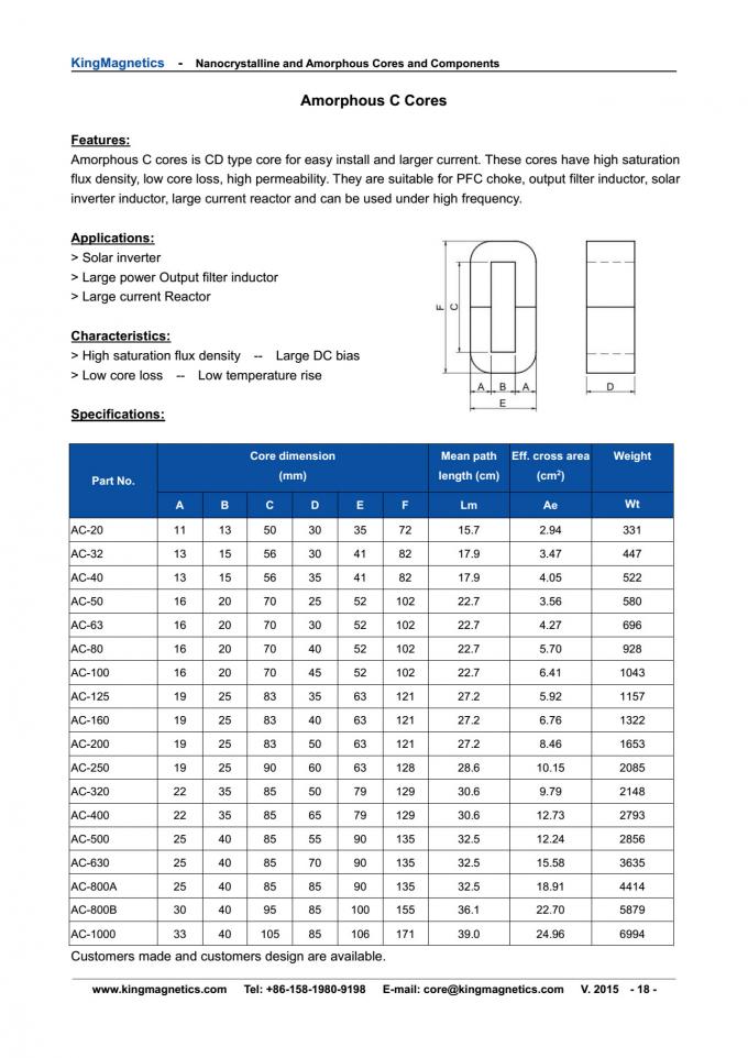 Formloser c-Hochfrequenzkern, nanocrystalline c Kern, geschnittener Kern 0